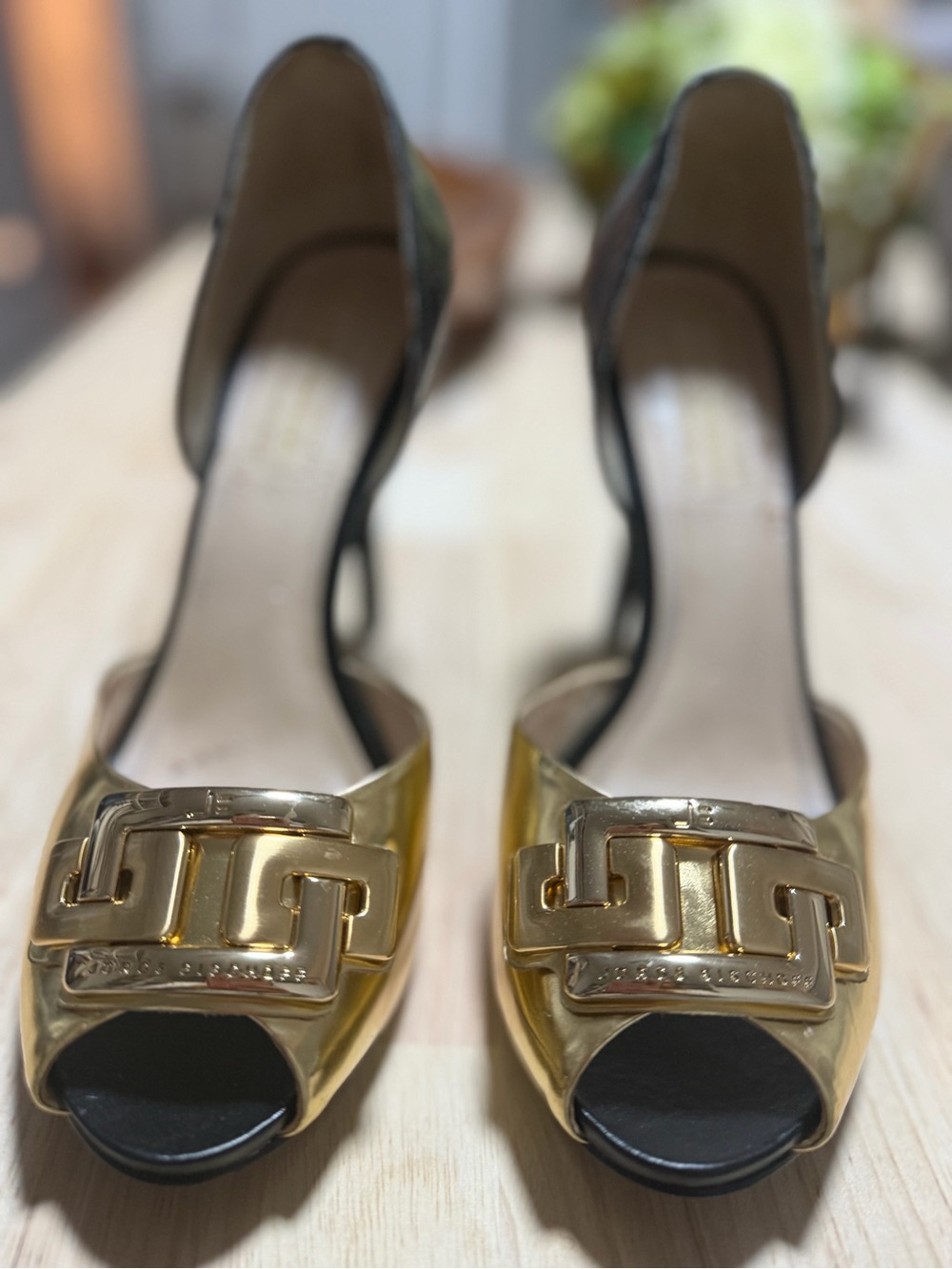 Gold Peep-Toe Heels with Statement Buckle